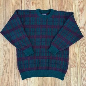 Wool Plaid Green and Burgundy Men's Sweater- made in Scotland